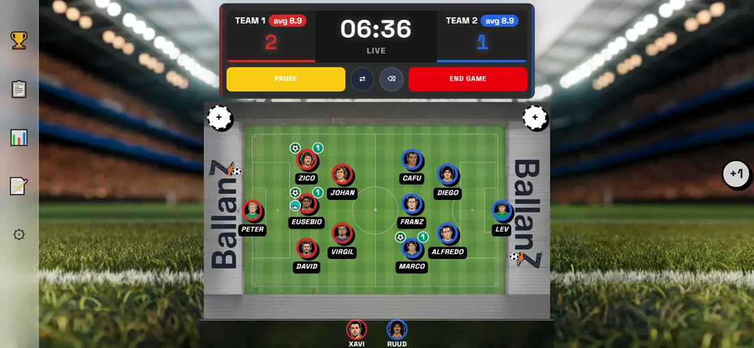 Ballanz live match controller: running clock, live score, player chips