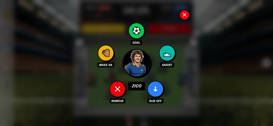 Tap any player: goal, assist, sub off or make GK, one tap each